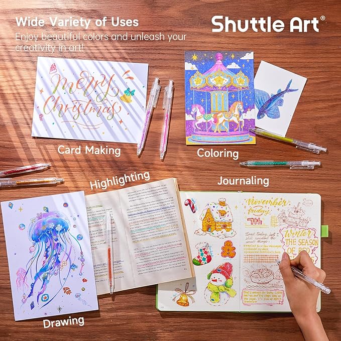 Shuttle Art Glitter Gel Pens, 24 Vibrant Sparkle Retractable Glitter Colored Gel Pens Set 1.0mm Bold Point Smooth Writing for Adults Coloring Books Drawing Doodling Scrapbooking Journaling