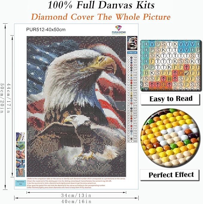 Puraikcmi 4th of July Diamond Paintings Kits for Adults Kids Eagle American Flag 16x20 Inch Patriotic Diamond Art Round Diamonds Dots Gem Wall Decor