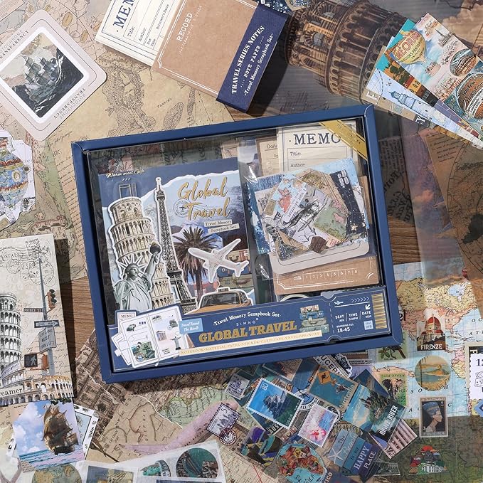 Auguro World Travel Scrapbook Kit A6 Grid Notebook Stationery Junk Journal Kit Scrapbooking Supplies Kit Craft DIY Gift for Adult Teen Girl