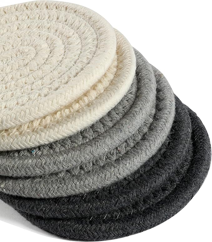 OrganiHaus Drink Coasters Set of 6, Absorbent Cotton Woven Cup Coasters, Rustic Farmhouse Boho Decor for Coffee Table and Drinks Protection, Cute Coaster for Drinks, Coaster for Office Desk - Gray