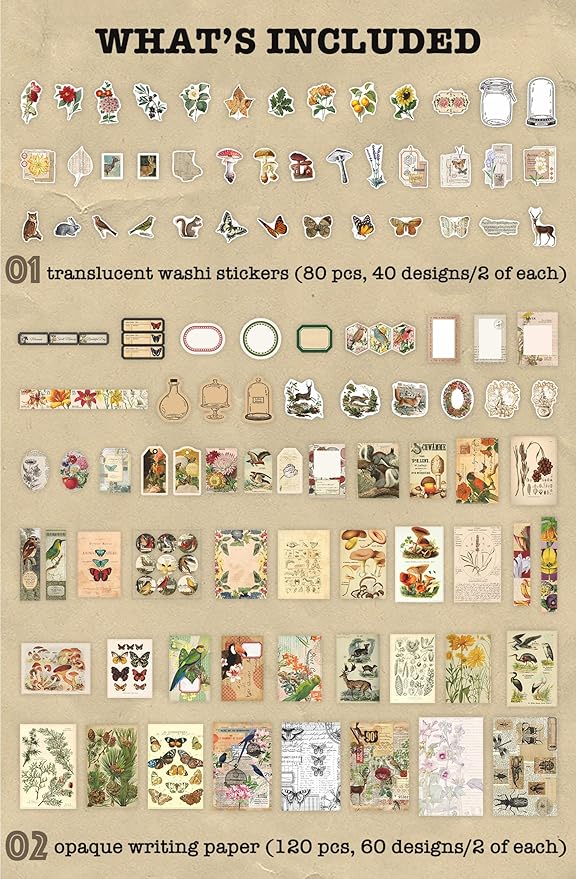Knaid 200 Pieces Vintage Ephemera Pack Decoupage Paper Junk Journal Kit Scrapbook Planner Sticker Supplies for Art Journaling Bullet Journals Collage Craft Notebooks Album Crafter Gifts (Forest)