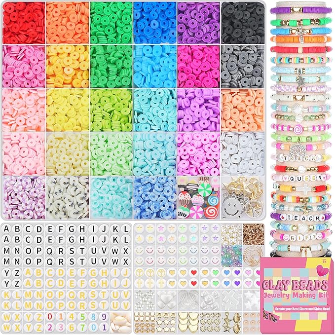 BestNow Friendship Bracelet Making Kit with 28 Colors 4200Pcs Clay Beads 400Pcs Letter Beads for Jewelry Making Cute Charm Number Heart & Pattern Beads Ideal Gifts for Girls 6-13