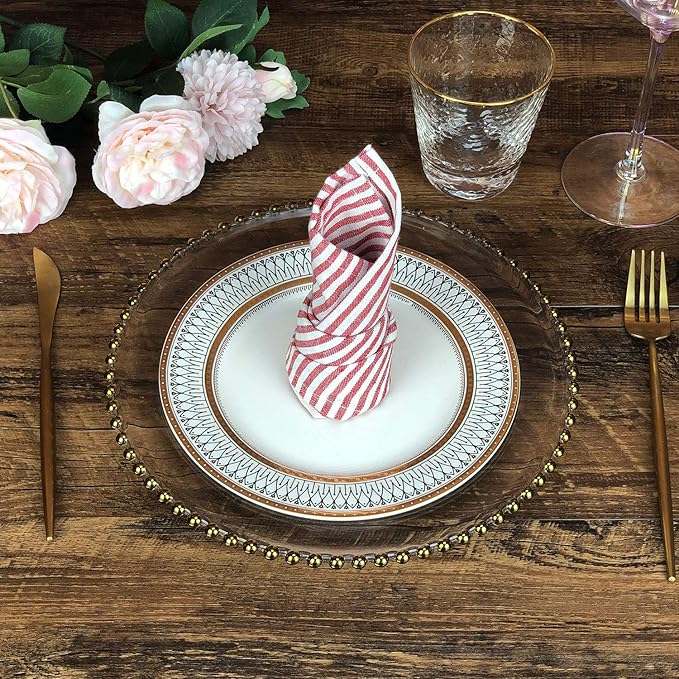 Plain Striped Cotton Linen Blended Dinner Cloth Napkins - Set of 12 (40 x 30 cm) - for Events & Home Use (Red)