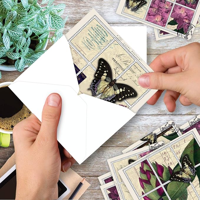 The Best Card Company - 10 Retro Blank Cards with Envelopes (4 x 5.12 Inch) - Artistic Boxed Assortment, Vintage Note Cards - Papillon Post M3981