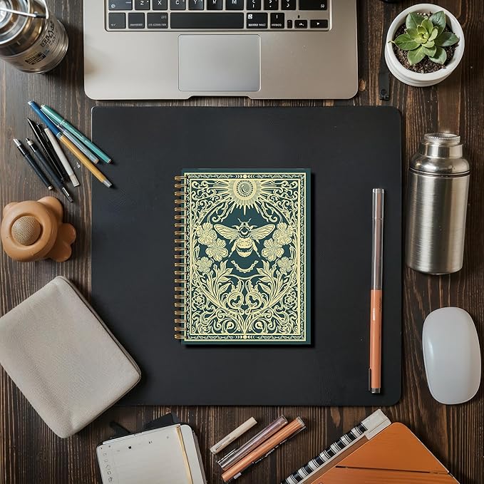 Witchy Gold Bumble Bee Notebook, Mystical Celestial Bees Floral Journal, Gifts for Bee Lovers Women, Vintage Witchy Magical Insect Spiral Journal Notebook, 5.5x8.3 Inch
