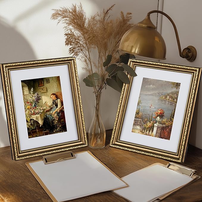 eletecpro 8x10 Picture Frames Set of 4, Vintage 8 x 10 Photo Frames with Glass, Display 5x7 Photo with Mat or 8x10 without Mat for Tabletop or Wall Decor, Bronze Gold
