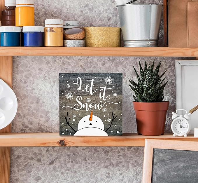 SRADMO Let It Snow Christmas Wooden Sign Desk Decor, Snowman Christmas Decor, Rustic Winter Snowflake Wood Block Signs for Home Office Xmas Party Holiday Desk Table Shelf Decorations, 5x5 Inches