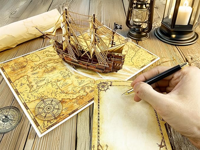 3D Pop Up Greeting Card – Handmade Pirate Ship Card with Treasure Map – Sailing Boat with Skull Flag – Birthday, Adventure Party, Nautical & Retirement Gift