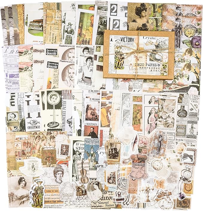 Knaid 200 Pieces Vintage Ephemera Pack Decoupage Paper Junk Journal Kit Scrapbook Planner Sticker Supplies for Art Journaling Bullet Journals Collage Craft Notebooks Album Crafter Gifts (Retro Style)