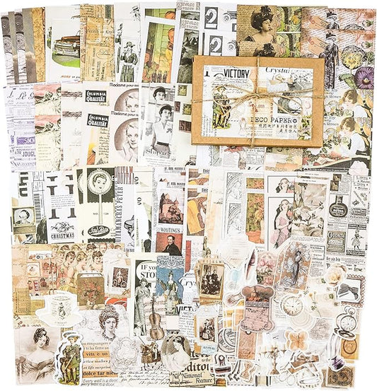 Knaid 200 Pieces Vintage Ephemera Pack Decoupage Paper Junk Journal Kit Scrapbook Planner Sticker Supplies for Art Journaling Bullet Journals Collage Craft Notebooks Album Crafter Gifts (Retro Style)