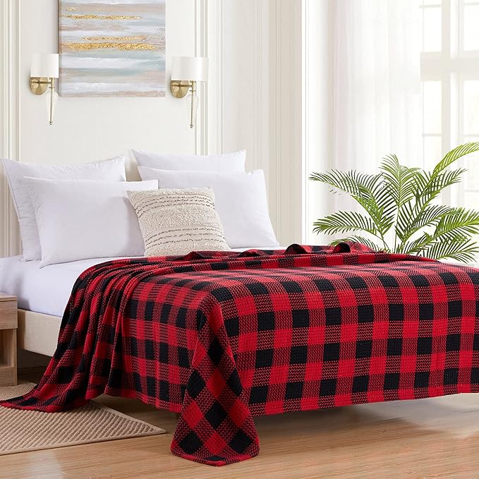 Sweet Home Collection 100% Fine Cotton Blanket Luxurious Weave Stylish Design Soft and Comfortable All Season Warmth, Full/Queen, Buffalo Plaid Burgundy Black (Pack of 1)