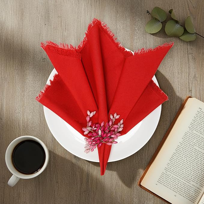 Christmas Dinner Napkins, Beautiful Handmade Fringe Red Cloth Napkins Set of 12 Washable and Reusable, Perfect for Dining, Weddings, Holiday & Everyday Use - 18x18 Inch Red