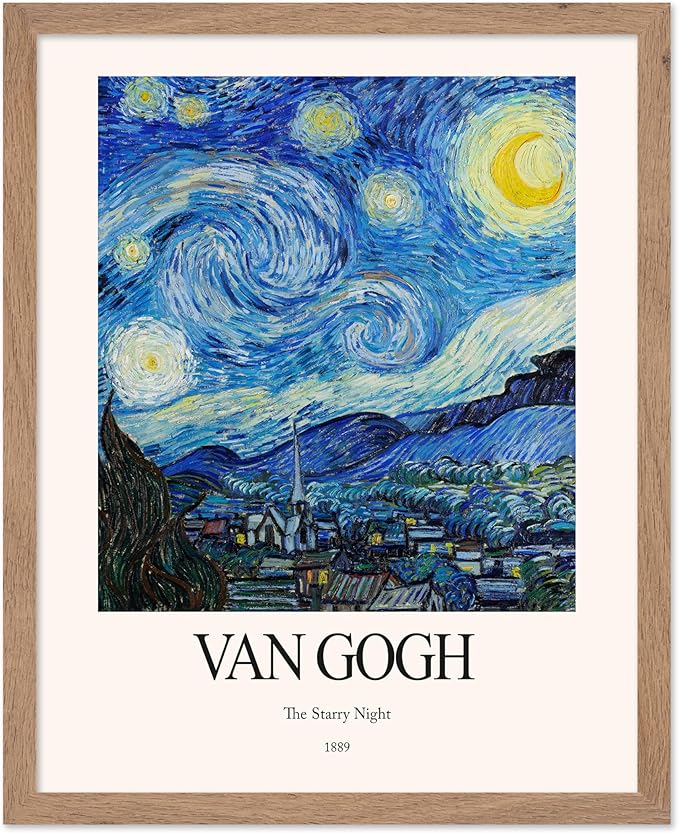 Monem Art Vintage Van Gogh Poster - Retro Impressionist Print - The Starry Night, Moon, Stars, Abstract - Gift for Artist, Friend - Wall Decor for Home, Office, 16x20 Beige Framed