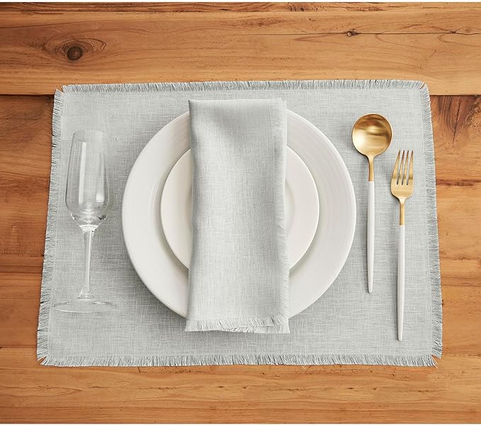 Solino Home Light Grey Linen Napkins Set of 4-100% Pure Linen Fringe Dinner Napkins 20 x 20 Inch for Spring, Easter - Handcrafted and Machine Washable