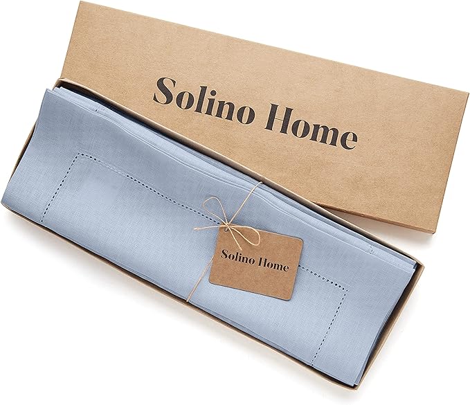 Solino Home Linen Placemats Set of 4 - Classic Hemstitch Sky Blue Placemats 14 x 19 Inch - 100% Pure Linen Table Mats for Spring, Easter
