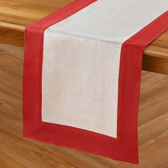 Solino Home Linen Table Runner 90 Inches Long - Red and Natural 100% Pure Linen 14 x 90 Inch Table Runner for Dining, Valentines, Winter - Contempo