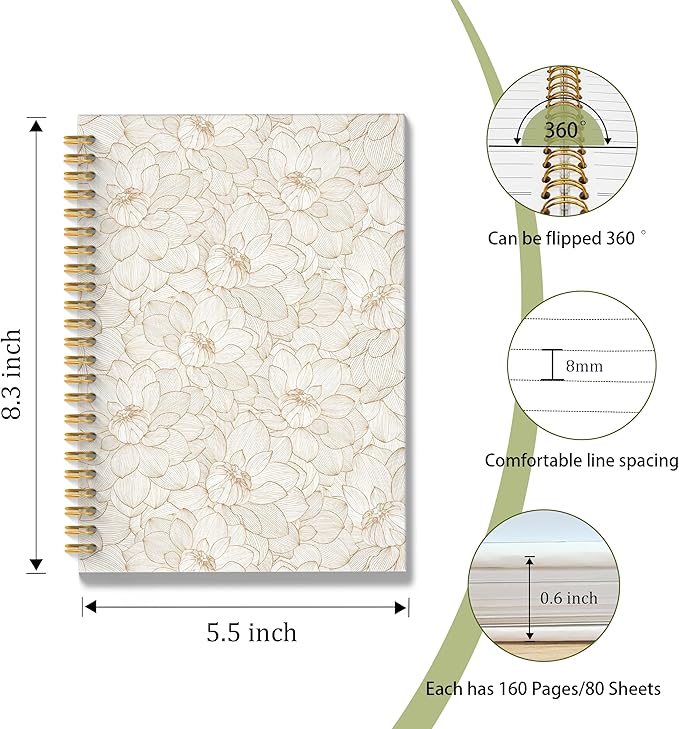 Lotus Floral Spiral Notebook, Vintage Beige Lotus Flower Journal, Neutral Botanical Aesthetic Journal Notebook, 5.5x8.3 Inch