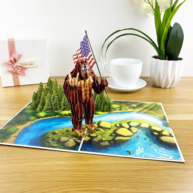 3D Pop Up Greeting Card – Funny Bigfoot Sasquatch Card with American Flag – Hilarious Birthday, Father’s Day, Retirement, or Gag Gift – Unique Handmade Novelty Card with Envelope