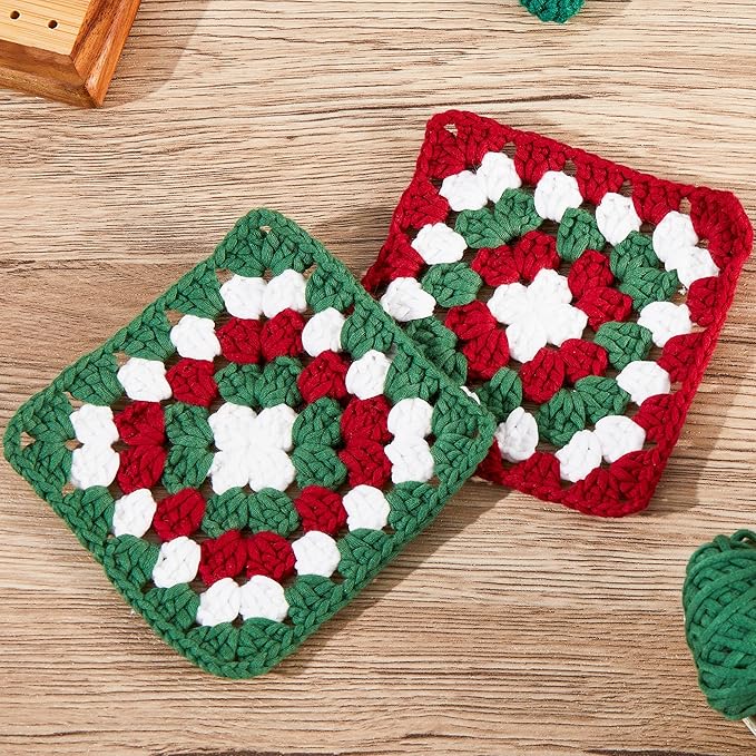 OAKWOOMA Crochet Kit for Beginners, Easy Arts and Crafts Knitting & Crochet Coaster Kit with Step-by-Step Video Tutorials, Crochet Starter Kits for Adults, Teens, Kids (Christmas Granny Square)