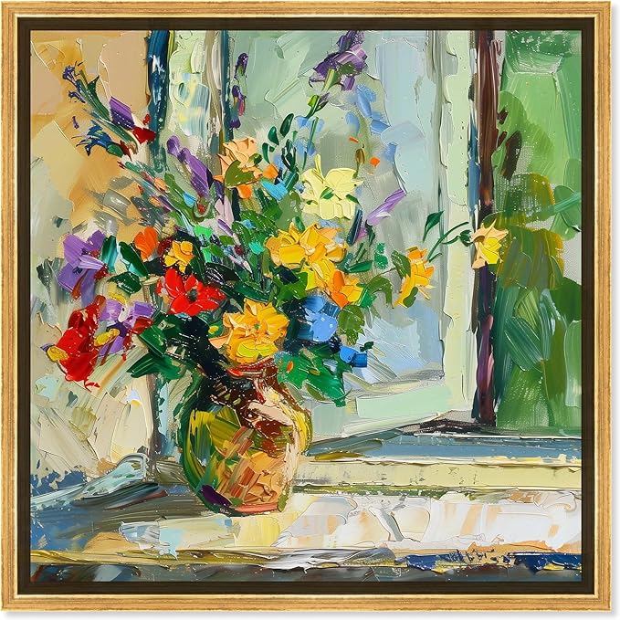 Art Remedy Vase By The Window Framed Impressionism 1 Piece Canvas Wall Art/Monet And Van Gogh Inspired Art, 41.5" x 41.5", Gold Frame