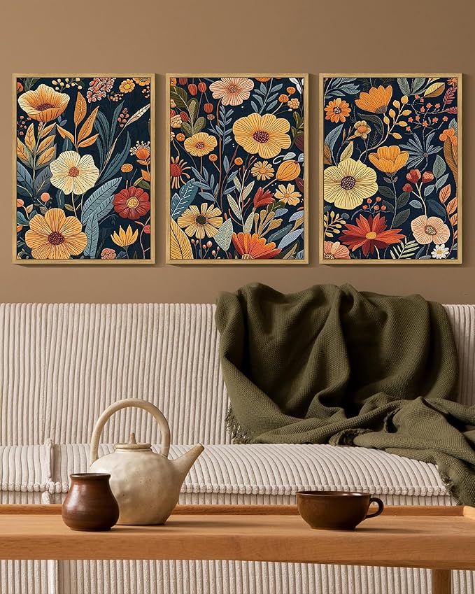 KUVIOKE Vintage Flower Framed Wall Art Colorful Boho Floral Wall Decor Botanical Retro Wildflower Modern Artwork Bedroom Living Home Decor 11x14in (Natural Framed)