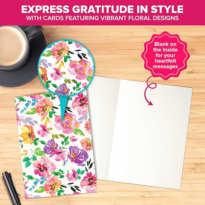 Decorably 50 Pack 6x4in Blank Floral Cards with Envelopes and Stickers, 10 Flower Designs - All Occasions, Appreciation, Weddings, Anniversary, Gifting, Mailing