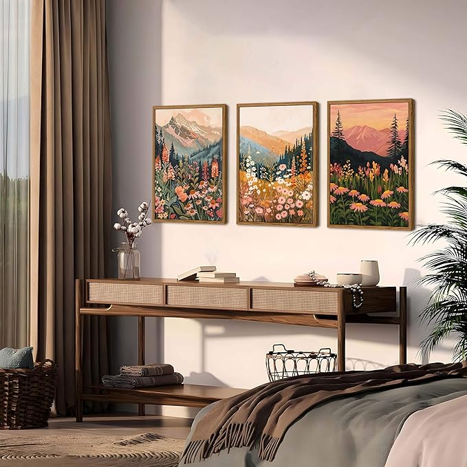 Floating Framed Large Boho Colorful Mountain Wall Art Set of 3, Vintage Wildflower Landscape Canvas Wall Decor Paintings, Nature Floral Forest Posters Pictures Prints for Living Room 16x24 Inch