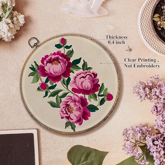 FUGWN Vintage Pink Peony Round Wall Art Decor Framed, Cottagecore Floral Canvas Artwork Prints, Retro Abstract Flower Botanical Wall Hanging Decorations for Home Bedroom Living Room, 10x10 Inch