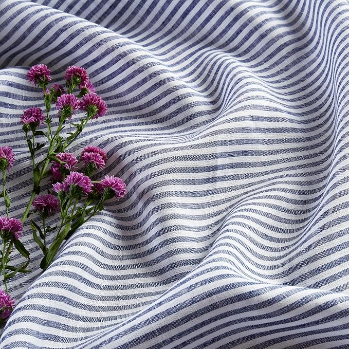 Solino Home Linen Table Runner 72 Inches Long - Narrow Stripe, 100% Pure Linen Navy and White Table Runner 14 x 72 Inch for Dining, Dresser, Spring, Easter
