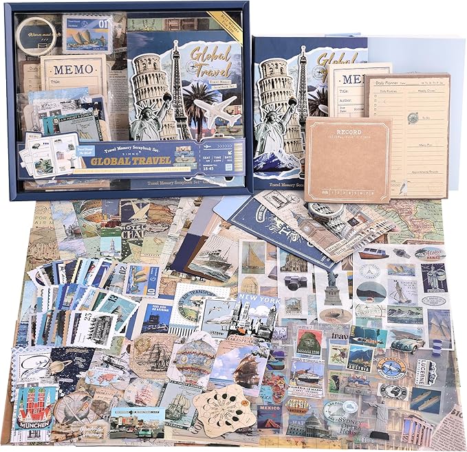 emmoolife Scrapbooking Supplies Kit, Daily Life World Travel Scrapbook Kit for Bullet Junk Journal, Stationery, A6 Grid Notebook, DIY Journaling Supplies, Birthday Craft Gift Teen Girl Kid Women