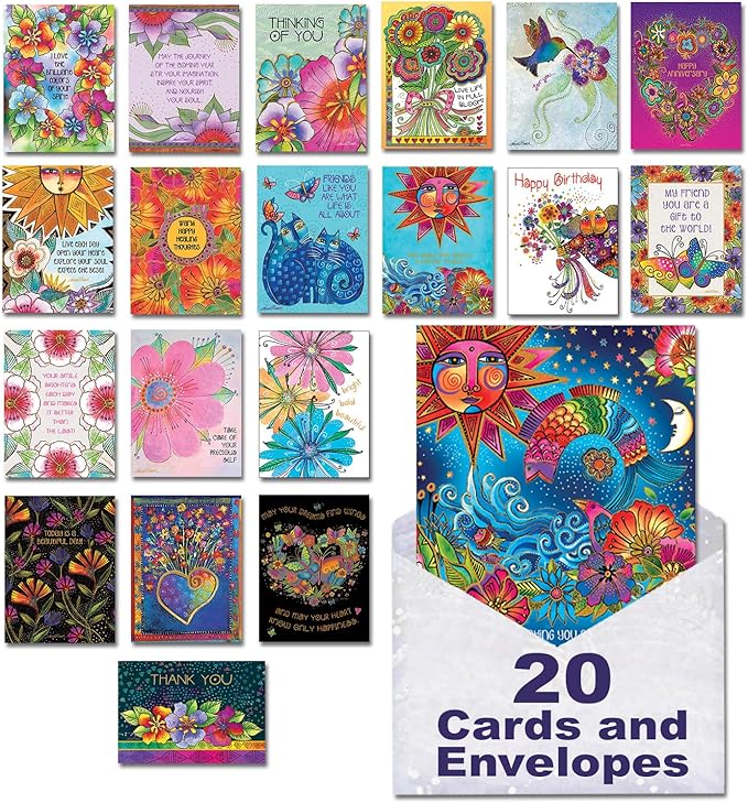 Leanin' Tree The Brilliant Colors of Laurel Burch Greeting Cards Assortment Box, Made In USA, 20 Assorted Cards with Envelopes All Occasion, Cute Stationery Set for Women with Bright Stunning Artwork
