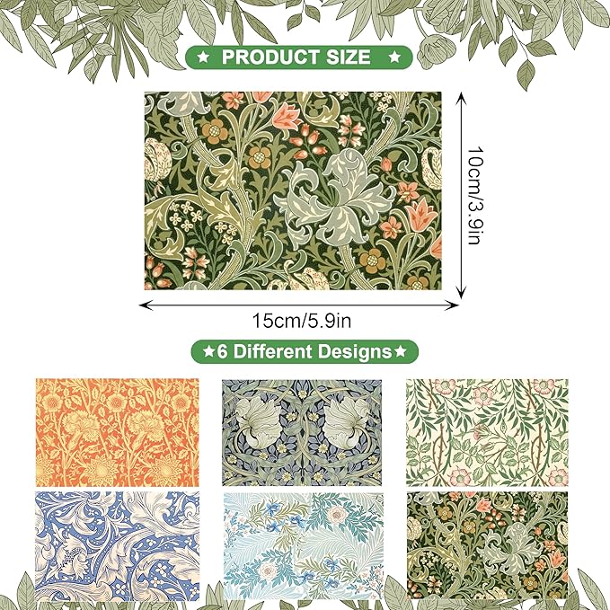 24 Pack William Morris Greeting Cards with Envelopes & Stickers - 6 Vintage Floral Retro Botanical Designs Blank Note Cards for Wedding, Birthday, Baby Shower, Thank You & More | 5.9x3.9 Inches