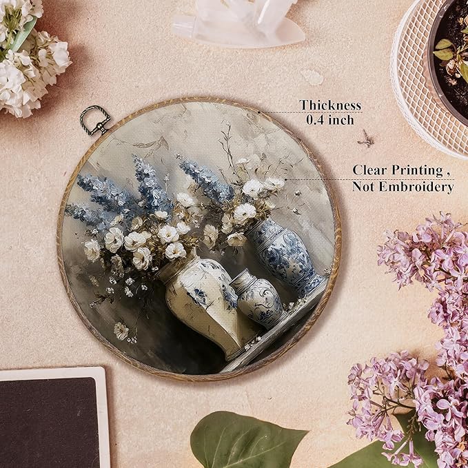 FUGWN Vintage Floral Round Wall Art Decor Framed, French Country Elegant Floral Canvas Artwork Prints, Farmhouse Blue and White Flower Wall Hanging Decorations for Home Bedroom Living Room, 10x10 Inch