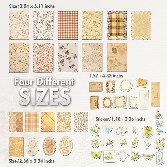 Vintage Floral Scrapbook Paper & Journaling Stickers (400pcs) Assorted Set - 4 Pack Junk Journal Supplies for Bullet Journaling, Retro Crafts, Planner, Mixed Media, Collage Card Album