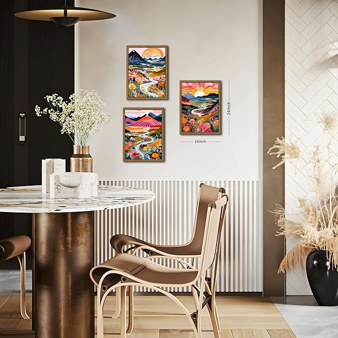 Wood Frame Boho Colorful Wall Art, Set of 3 Abstract Watercolor Mountain Landscape Wall Decor Paintings, Modern Flower Aesthetic Posters Prints for Living Room Bathroom Bedroom 16x24In Framed
