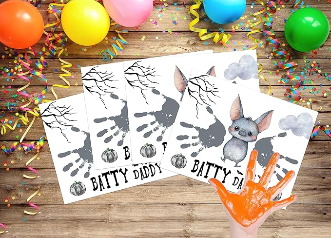 NZSXU Halloween Baby Handprint Craft Kit - Batty for Daddy, Baby First Halloween, DIY Newborn Hand and Foot Arts and Crafts for Nursery Decor, 10 Pack Bat Handprint Keepsake Gifts