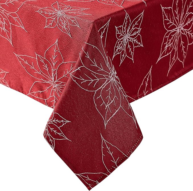 Laura Ashley Tablecloth Raised Woven Embroidered Jacquard Fabric, Wrinkle Resistant for Dining, Holiday, Party, Wedding or Banquet, 60" x 120", Poinsettia Red