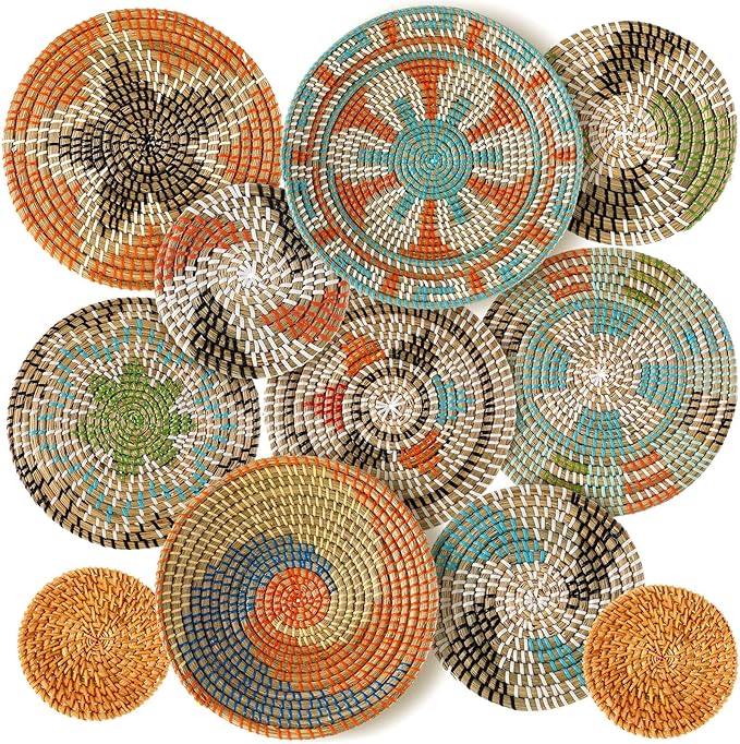 Tatuo 11 Pcs Boho Wall Basket Decor Decorative Bulrush Woven Basket Wall Decor Art Round Farmhouse Hanging Baskets for Kitchen Rustic Home Summer Decorations, Multi Sizes(Farmhouse)