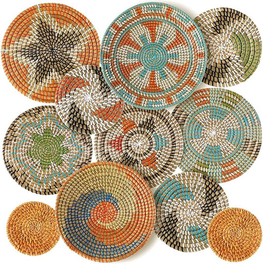 Tatuo 11 Pcs Boho Wall Basket Decor Decorative Bulrush Woven Basket Wall Decor Art Round Farmhouse Hanging Baskets for Kitchen Rustic Home Summer Decorations, Multi Sizes(Farmhouse)