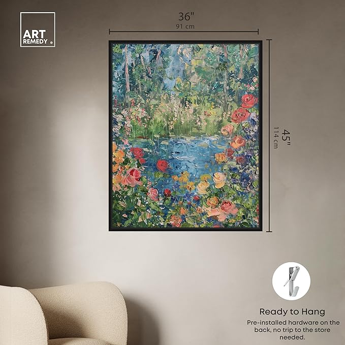 Art Remedy Serene Escape Framed Impressionism 1 Piece Canvas Wall Art/Monet And Van Gogh Inspired Art, 37" x 46", Black Frame