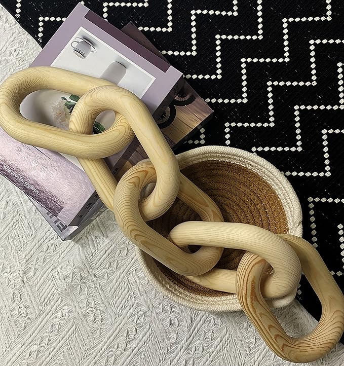 Wood Chain Link Decor - 18.9 Inches Length Aesthetic Room Decor, 5-Link Wood Chain Boho Decor for Living Room, Farmhouse Decor, Coffee Table (Wood)