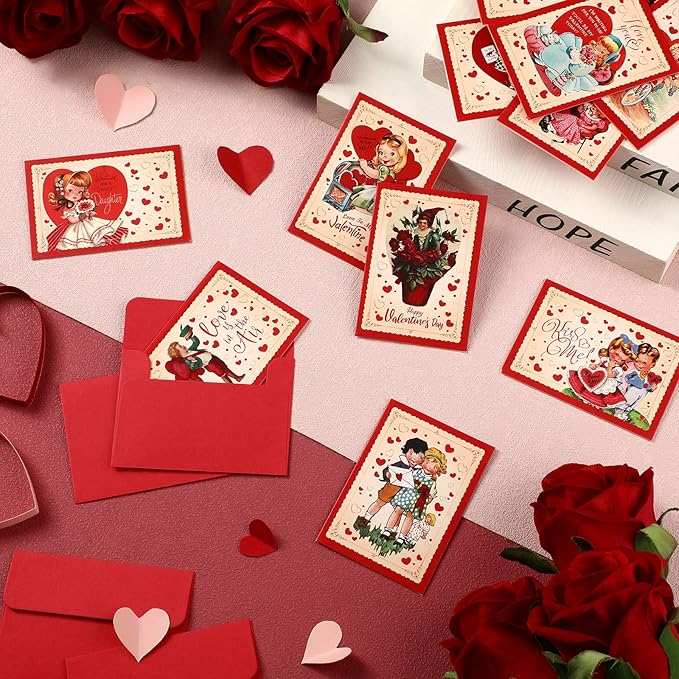 Yinder 24 Set Mini Vintage Valentines Day Cards with Envelopes Vintage Retro Valentines Day Greeting Cards Assortment for Wedding Party Anniversary Classroom Home Office Business Exchange