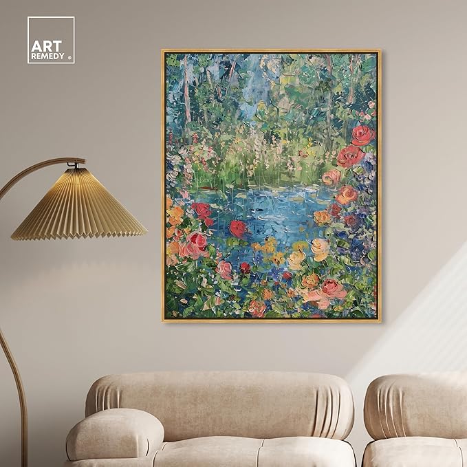 Art Remedy Serene Escape Framed Impressionism 1 Piece Canvas Wall Art/Monet And Van Gogh Inspired Art, 37.5" x 46.5", Gold Frame