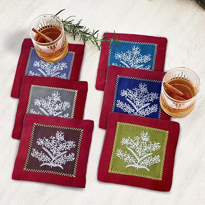 Cocktail Napkins Set of 6, 6x6 inch, 100% Linen, French Knot Hand Embroidered Floral Pattern, Reusable & Washable Napkin Coasters for Drinks, Parties, Weddings (Cinnabar Red)