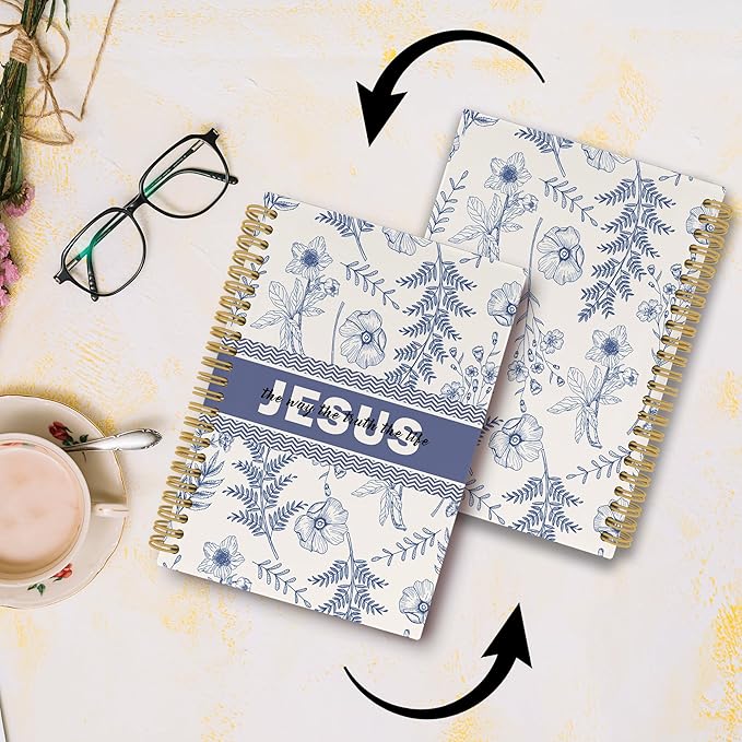 Christian Jesus Journal Notebook, Blue and White Floral Notebooks College Ruled for Work School, Preppy Bible Gifts for Women, Office Supplies, Hardcover Spiral Notebook 5.5"x8.3"