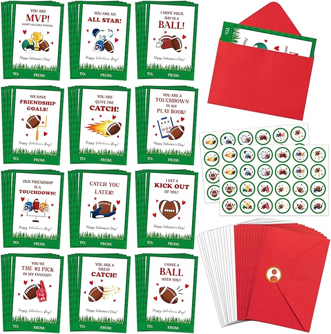 TICIAGA 144pcs Valentine’s Day Football Greeting Cards with Envelop and Stickers for Kids, 4 x 6 IN Sport Theme Exchange Gift Cards for Boys and Girls School Classroom Supplies, Valentines Party Favors