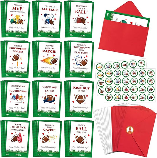 TICIAGA 144pcs Valentine’s Day Football Greeting Cards with Envelop and Stickers for Kids, 4 x 6 IN Sport Theme Exchange Gift Cards for Boys and Girls School Classroom Supplies, Valentines Party Favors