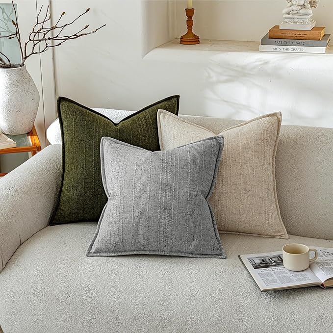 a moment Linen Pillow Covers Set of 2,Boho Farmhouse Throw Pillowcases Neutral Textured Decorative Covers for Couch Sofa,Soft Linen Blend Accent Case Cushion Living Room Home Decor 20"x20"Sky Gray