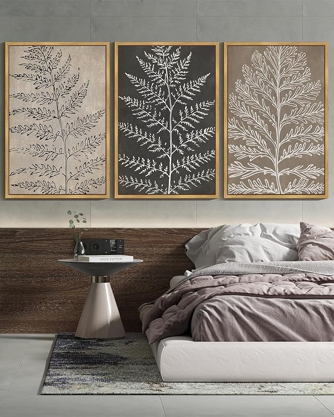 KUVIOKE Vintage Botanical Framed Wall Art Bohemian Tan Plant Leaf Wall Decor Nature Fern Plant Silhouette Wall Painting Home Decor 24x36in (Natural Framed)