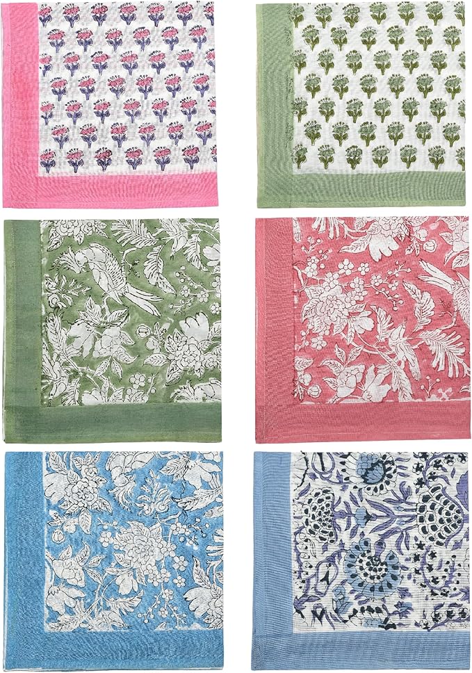 CPC Cloth Napkins 100% Cotton Set of 4 Reusable Napkins, Indian Block Print Toile Floral Dinner Napkin, Fall Thanksgiving Christmas Holiday Party Gift - Soft Absorbent Napkin, 18"x18" Mix Border
